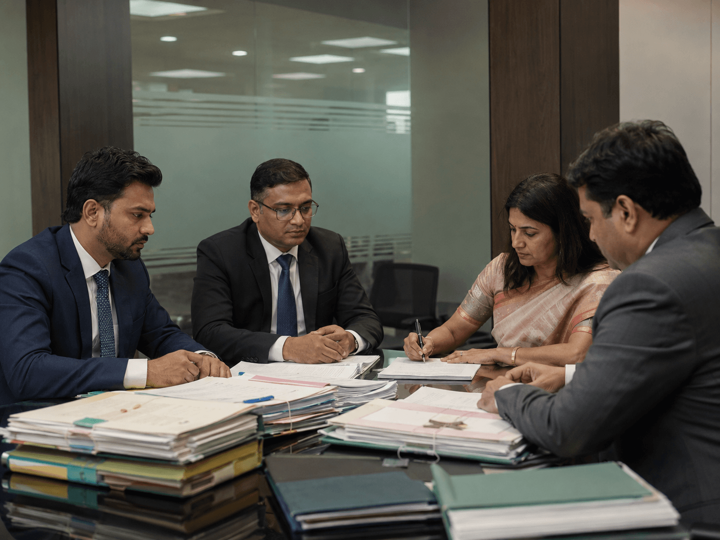 A consortium meeting around a boardroom table with loan files stacked in front of each lender