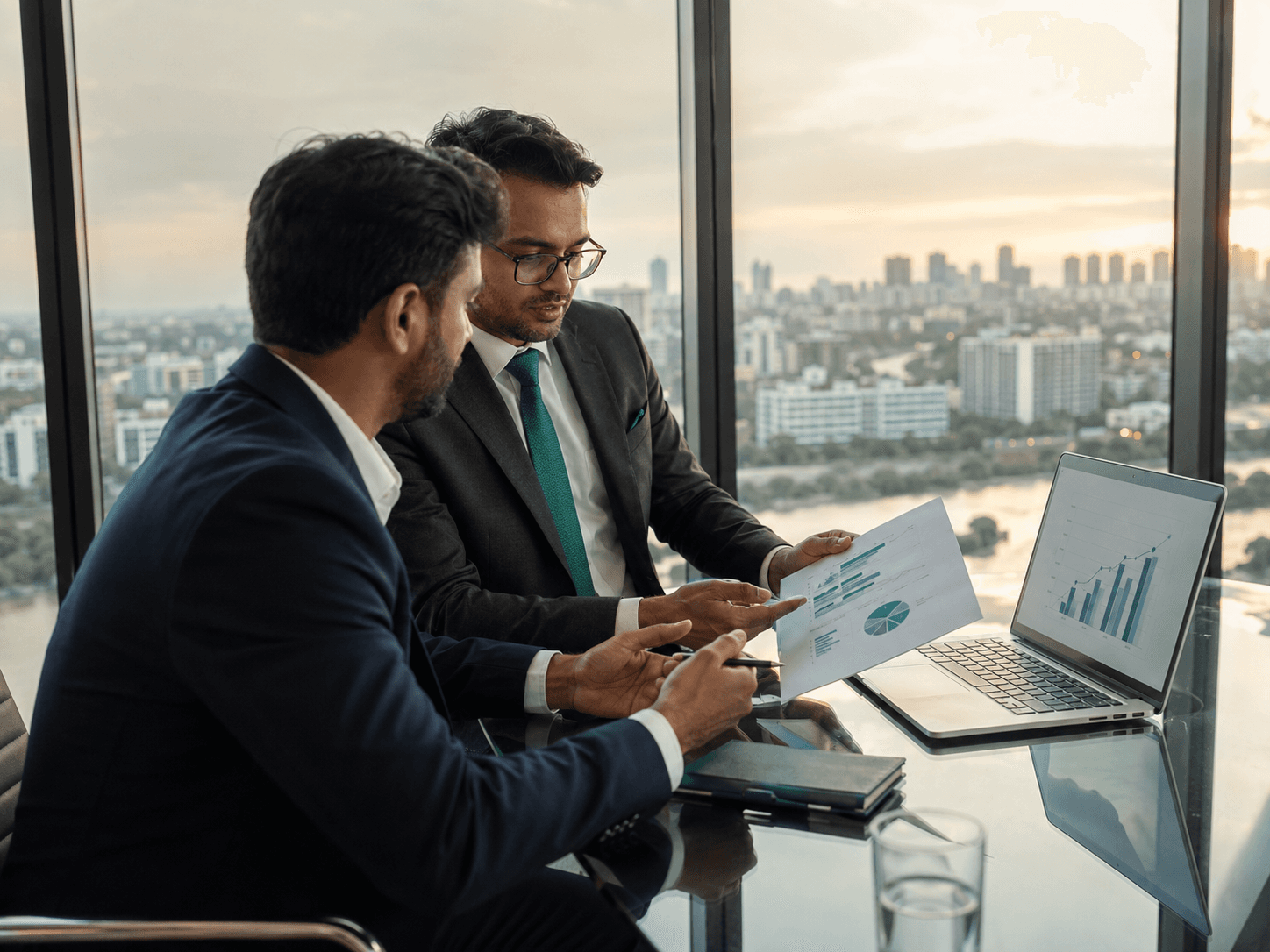 Two advisors reviewing an investor deck and valuation charts in a glass-walled meeting room