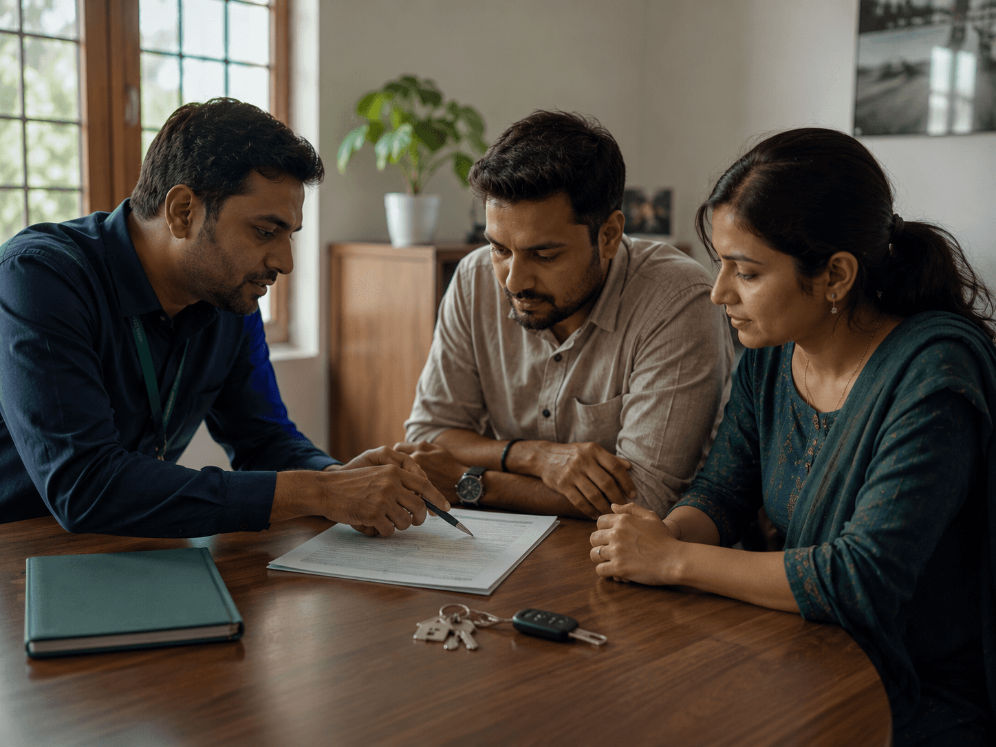 An advisor reviewing a loan application with a couple at home, house and car keys on the table