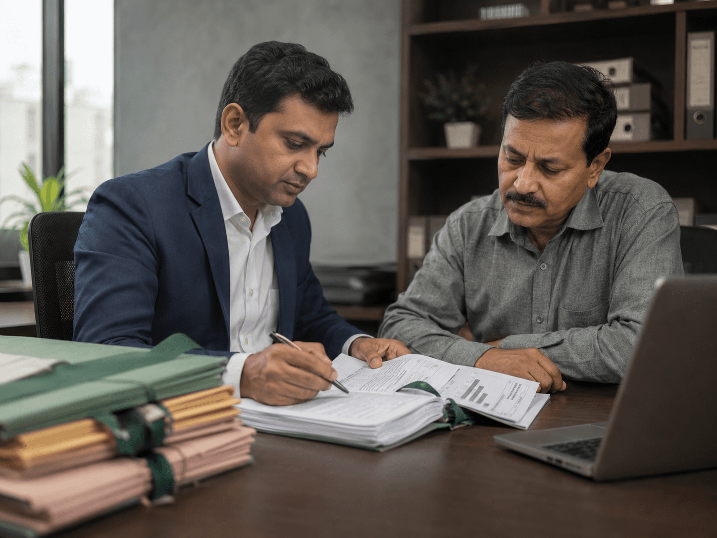 An advisor and a factory owner working through a tagged government incentive application file at a desk