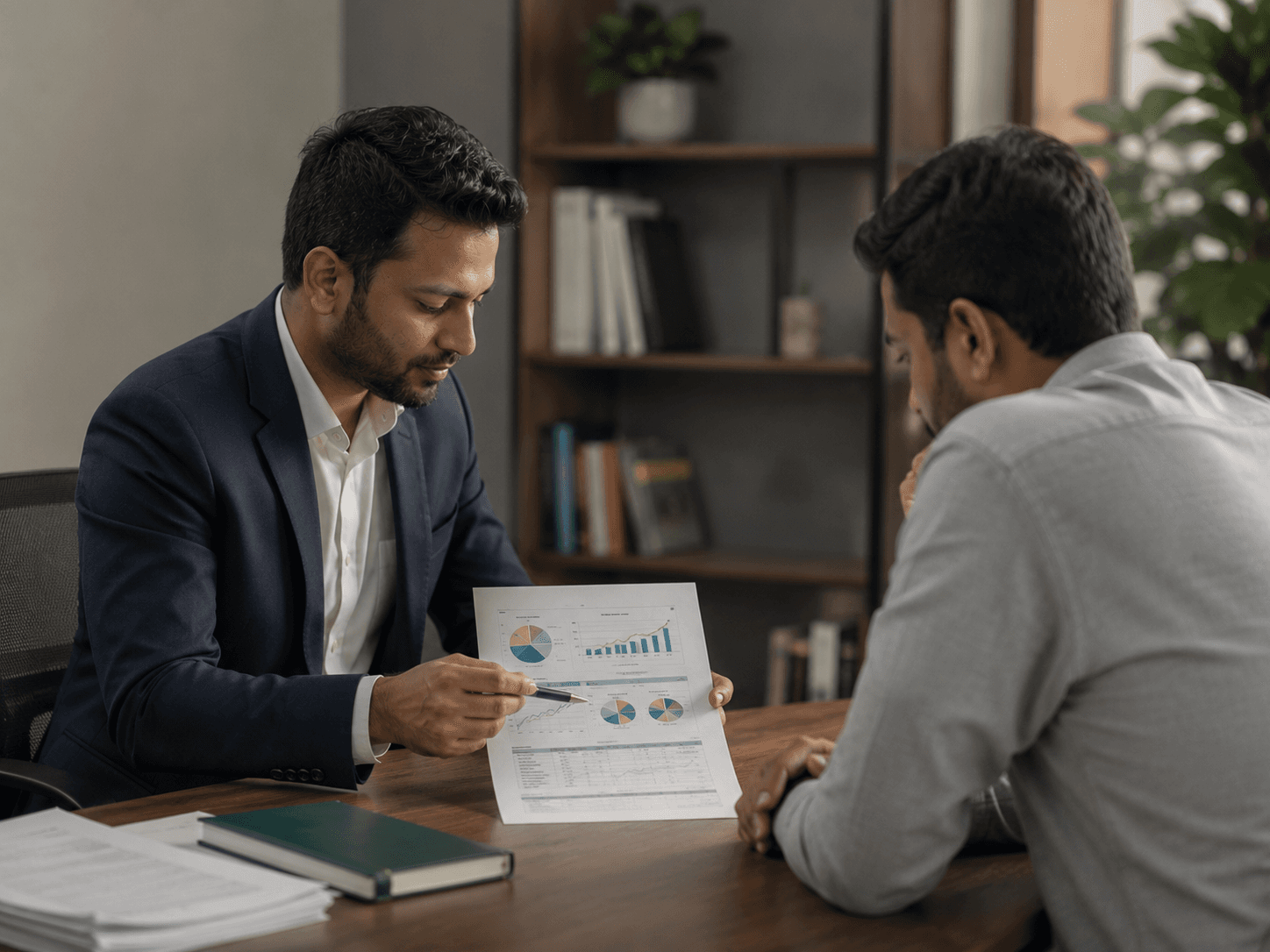 An advisor walking a client through a printed valuation report in a quiet office